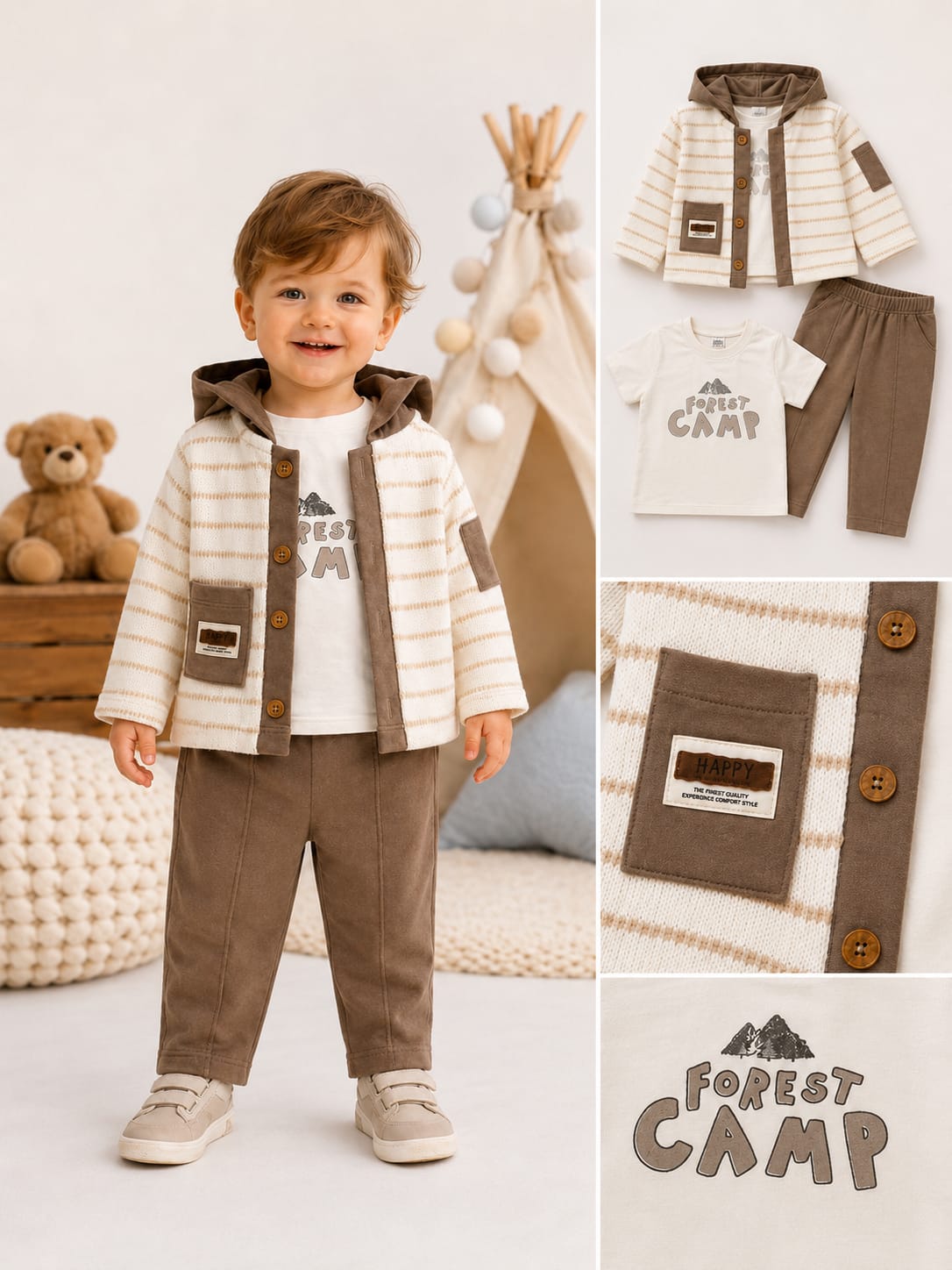 Waldabenteuer 3-teiliges Kinder-Set aus 100% Baumwolle – Jacke, Shirt & Hose