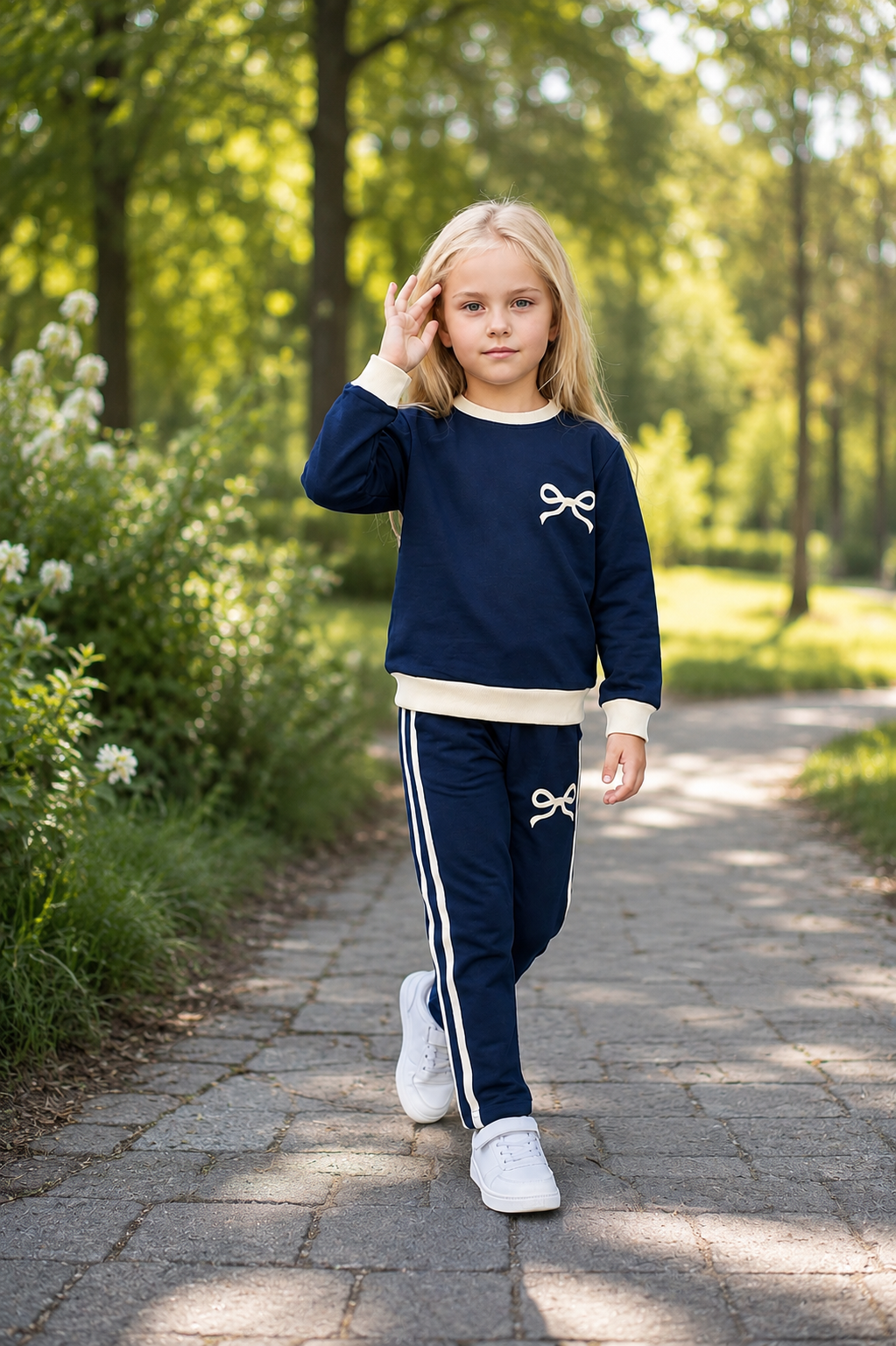 Mädchen Freizeitanzug „Blue Bow“ – 100 % Baumwolle 🎀