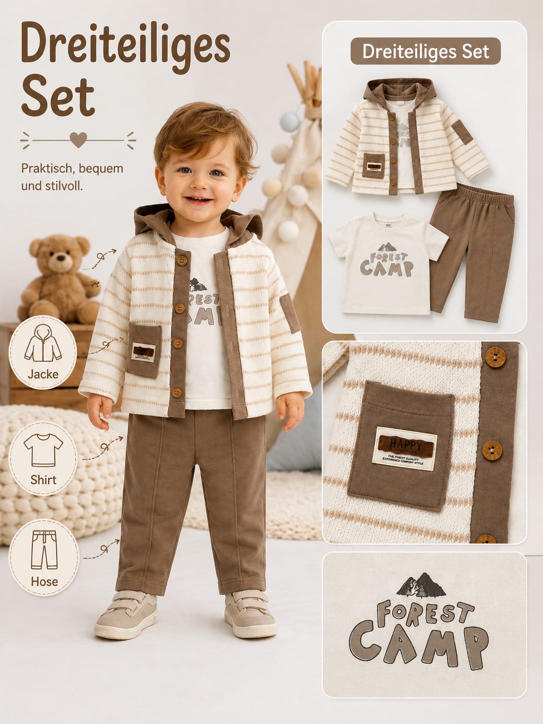 Waldabenteuer 3-teiliges Kinder-Set aus 100% Baumwolle – Jacke, Shirt & Hose