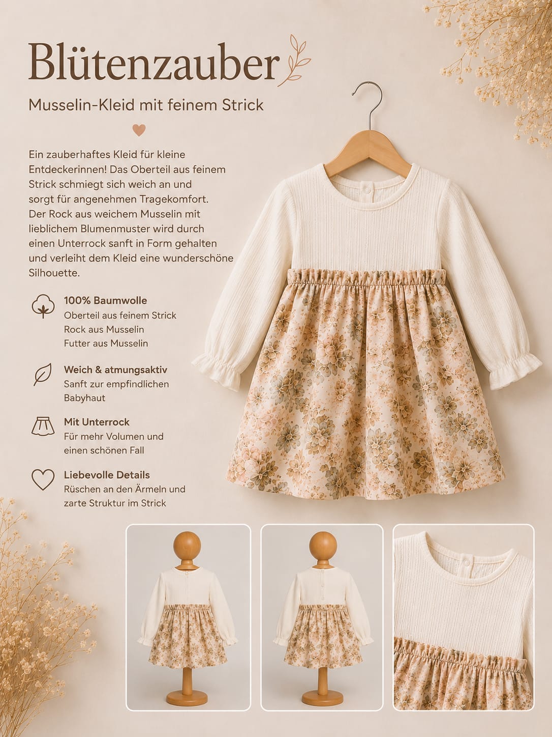 Rosengarten Traumkleid – Romantisches Mädchenkleid aus 100 % Baumwolle